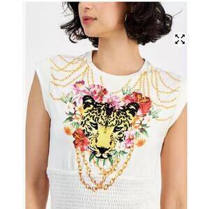 GUESS Women's Leopard-Chain Smocked T-Shirt-rhinestones-velvet Sz. Small NWT